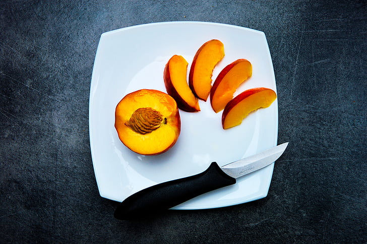 apricot, food, fruit, healthy, kitchen, knife, nectarine