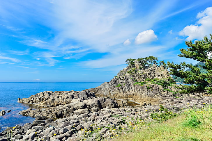 paisatge, natural, Japó, a l'estiu, cel blau, Mar, Roca
