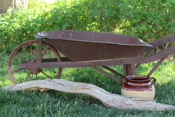 wheelbarrow, yard, vintage, green, rustic, grass, farm