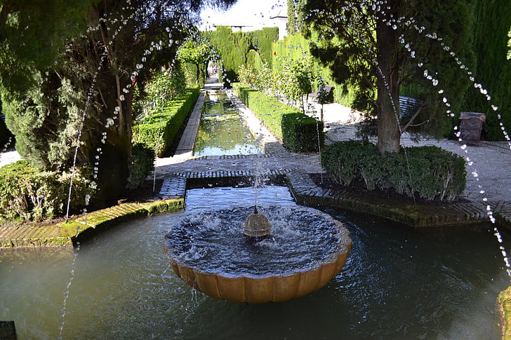 Fontána, Alhambra, Granada, zahrada, Španělsko