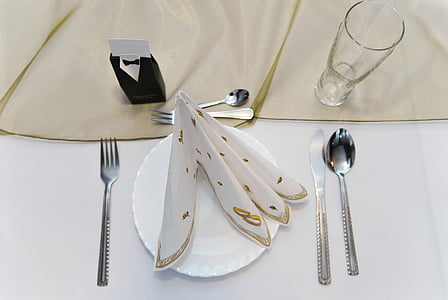 étkező asztal, evőeszközök, matrica, kupa, kanál, villás, kés