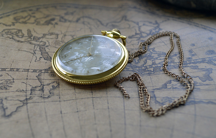 clock, pocket, map, brown, gold, on a chain