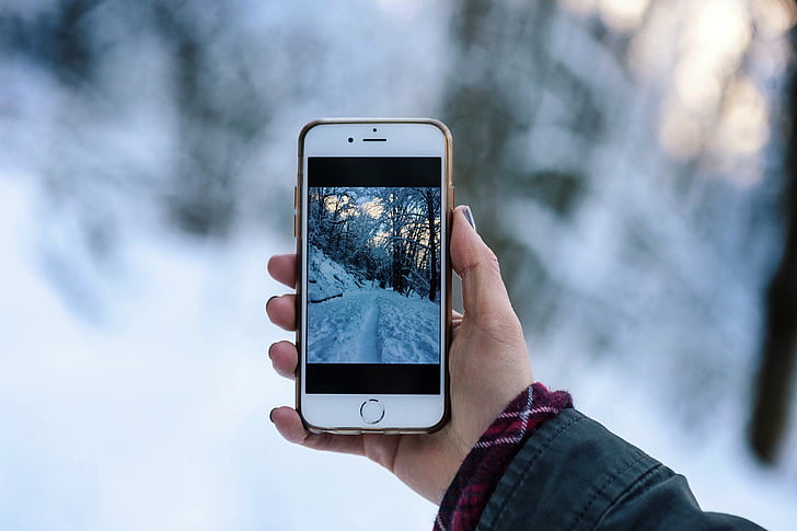 srebro, iPhone, uzimanje, Foto, snijeg, bežična tehnologija, pametni telefon