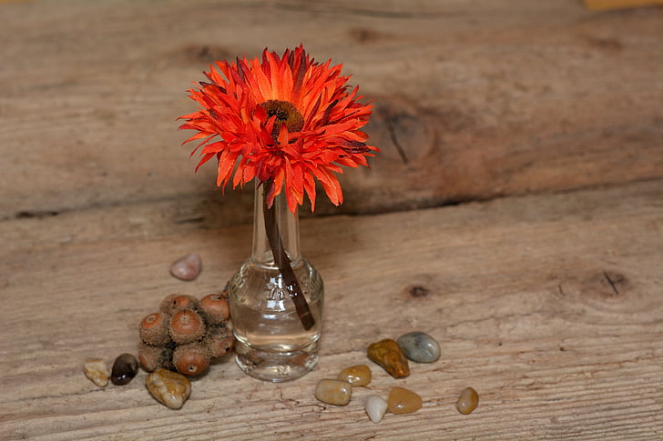 květ, Plastové květiny, Art flower, červená, kameny, váza, dřevo
