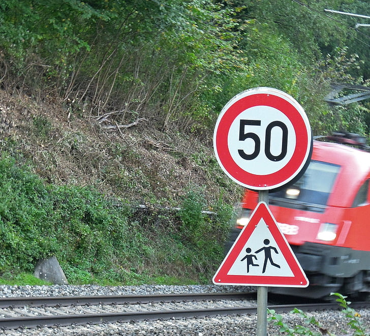 a vonat, sebesség, úgy tűnt, vasúti, Megjegyzés:, warnschild, gleise