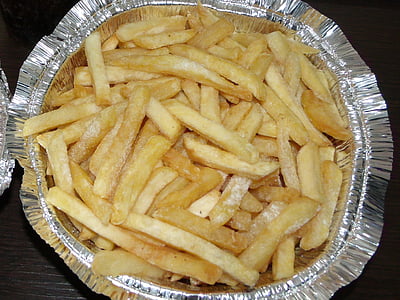 Crisp, mat, olja, varm, potatis, pommes frites, förberedda potatis