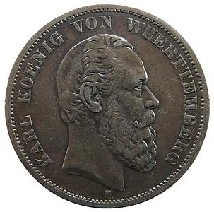 Mark, Württemberg, Karl, kovanec, denar, valute, Spominska