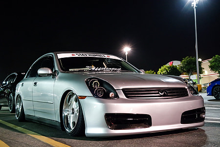automobile, infiniti, g35, airlift, gray, car, parking