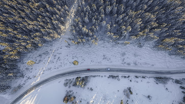 nature, landscape, aerial, woods, forest, road, snow