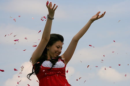 girl, petals, flight, red, joy