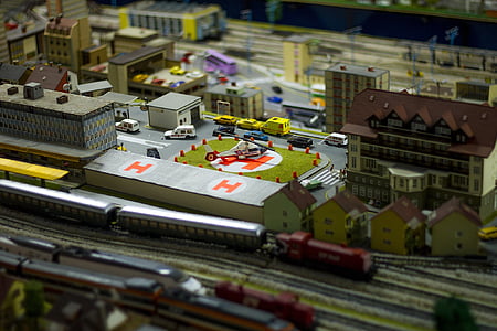 玩具, 模型, 雕像, 城市, 火车, 直升机
