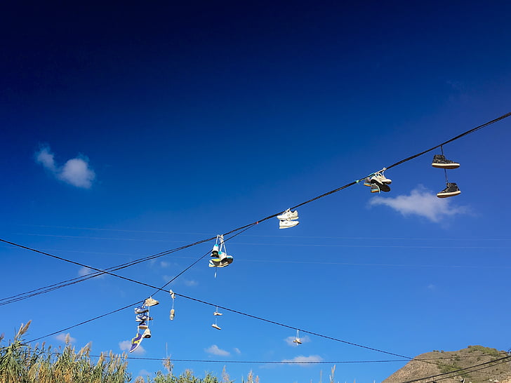 slippers, cable, hanging shoes, old, aged, cords, sky