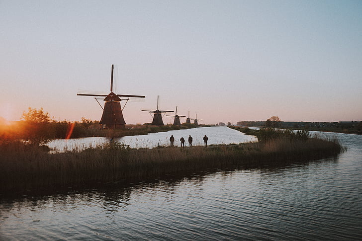 vėjo malūnas, parkas, Nyderlandai, orientyras, kelionės, lauko, upės