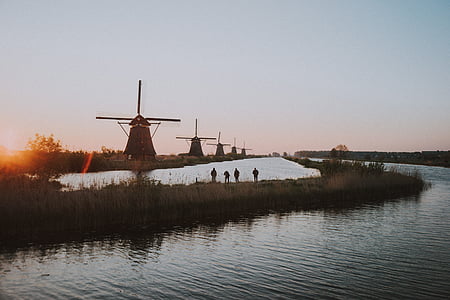 вятърна мелница, парк, Нидерландия, забележителност, пътуване, Открит, река