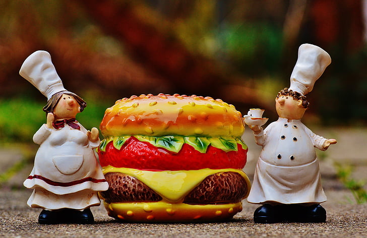 hamburger, cheeseburger, cooking, funny, food, preparation, chef's hat