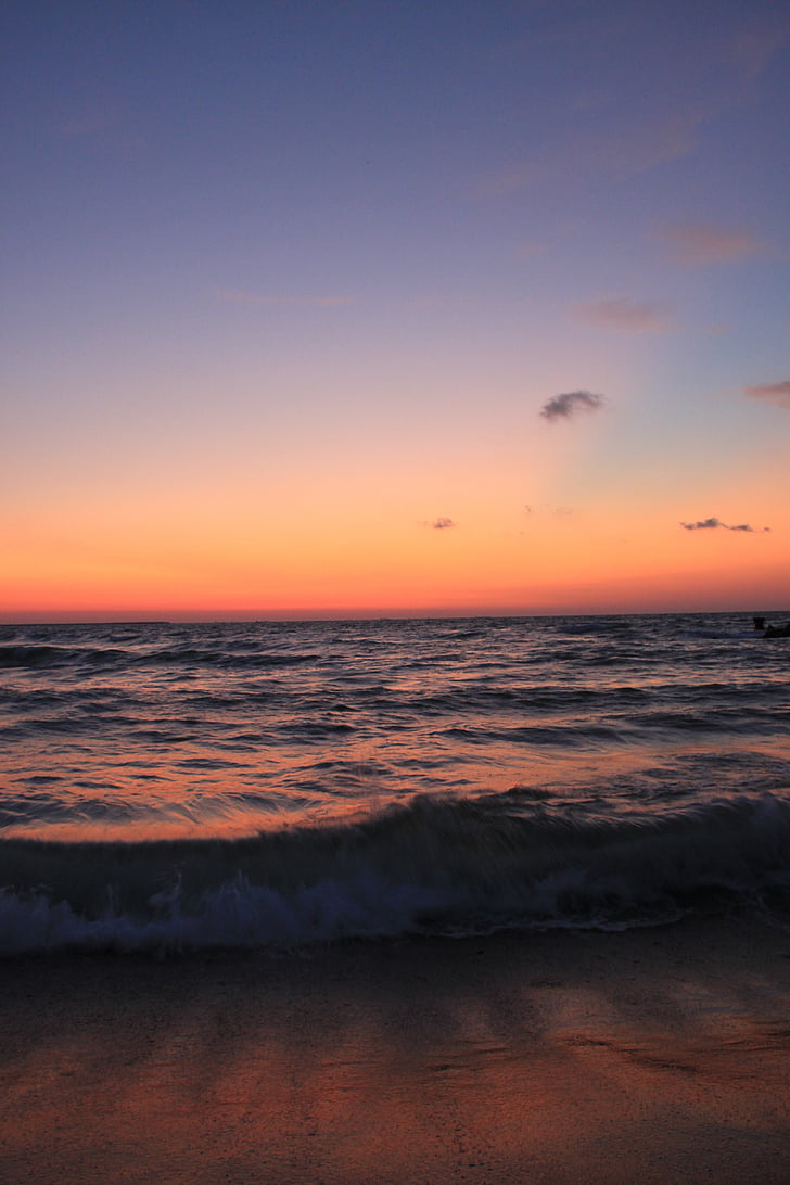pludmale, pirms, zila, no rīta, pārdomas, jūra, saullēkts