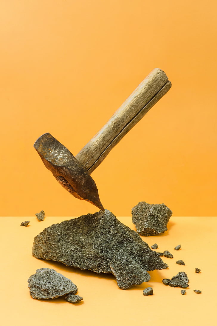brown, wooden, handled, pick, ax, gray, rock