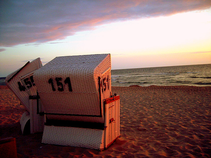 cadira de platja, posta de sol, Mar del nord, platja, Sylt, Mar, sorra