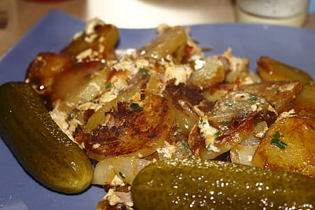 fried potatoes, pickled gherkin, eat, food, potatoes, hearty, enjoy