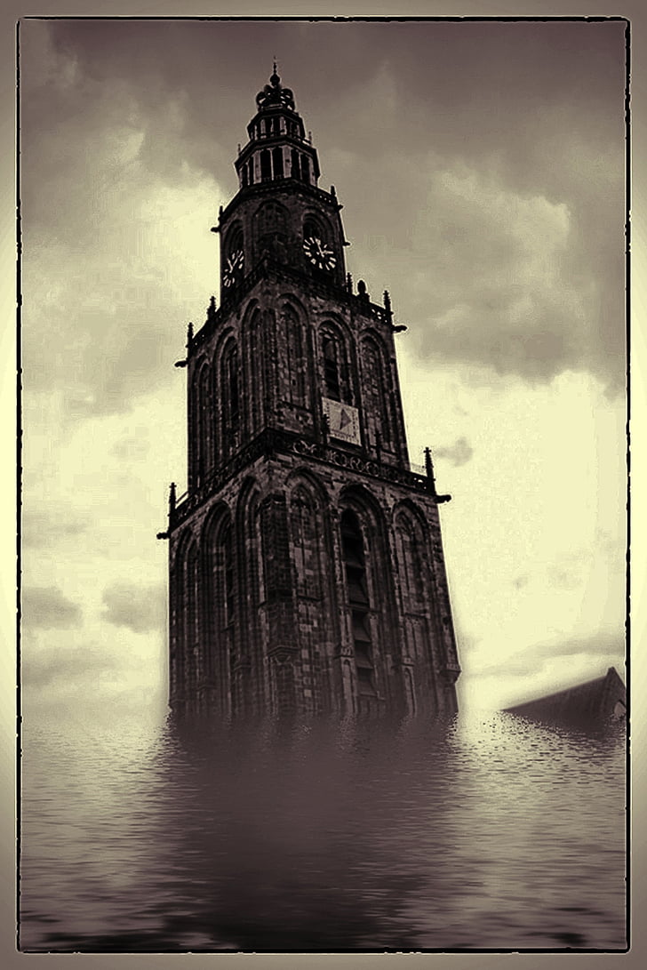 digitalne umetnosti, uokvirjena poplavljena, cerkev, stolp, Podvodni, vreme, razpoloženje