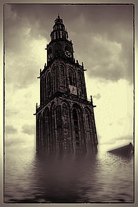 digitale kunst, ingelijste overstroomd, kerk, toren, onderwater, weer, stemming