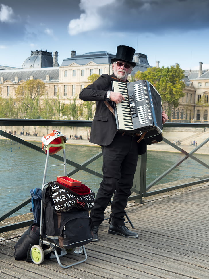 muzikantas, gatvė, Paryžius, akordeonas, muzika, žmonės, darbo