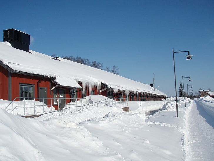 hiver, neige, froide, gel, toit, glaçons, bâtiment