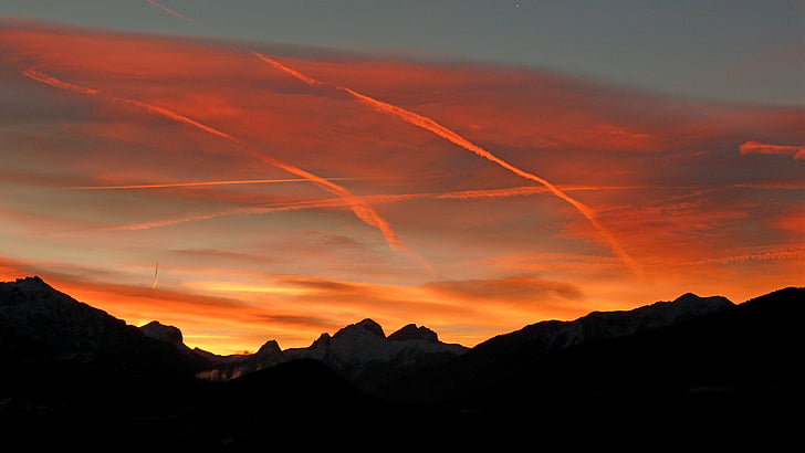landscapes, sky, morning, red, contrast, nature, mountain