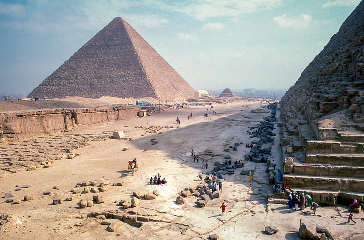 Fénykép, az emberek, közelében, Egyiptom, piramis, törölje a jelet, kék