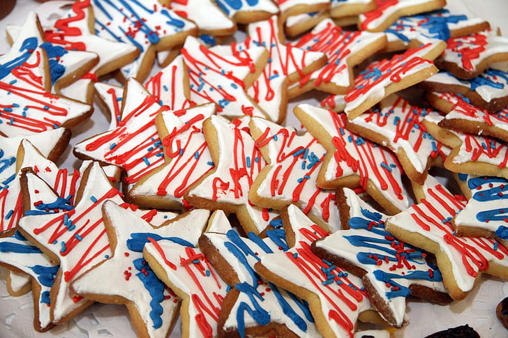 pliki cookie, gwiazdy, patriotyczne, kolorowe, przekąska, deser, pieczone