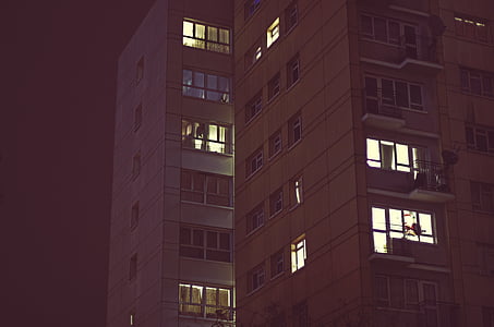 Apartamentos, edifício, à noite, apartamento, moderna, arquitetura, construção