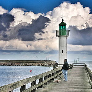 lighthouse, sky, blue, clouds, water, beach, tower