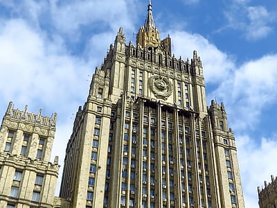 Rússia, Moscou, edifici, estalinista, arquitectura, gratacels, rellotge