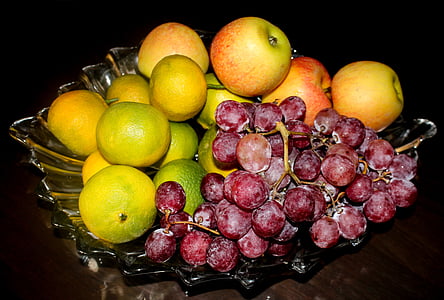 sadje, grozdni, jabolko, Mandarin, košara, črno ozadje, degustacija
