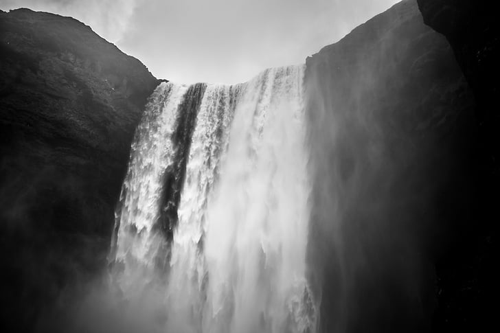 iceland, waterfall, cliff, black and white, water, cascade, outdoors