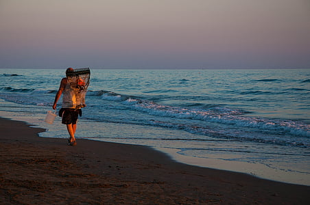 balıkçı, plaj, insanlar, yaşlı, yürüyüş, günbatımı