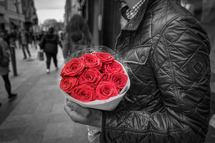 holding, red roses, romance, love, man, couple, people