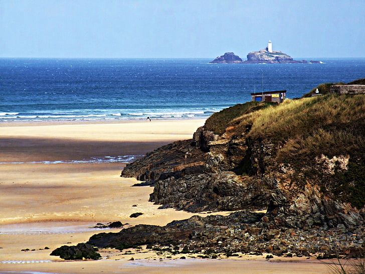 godrevy, Lighthouse, Cornwall, Beach, more, pobrežie, Anglicko