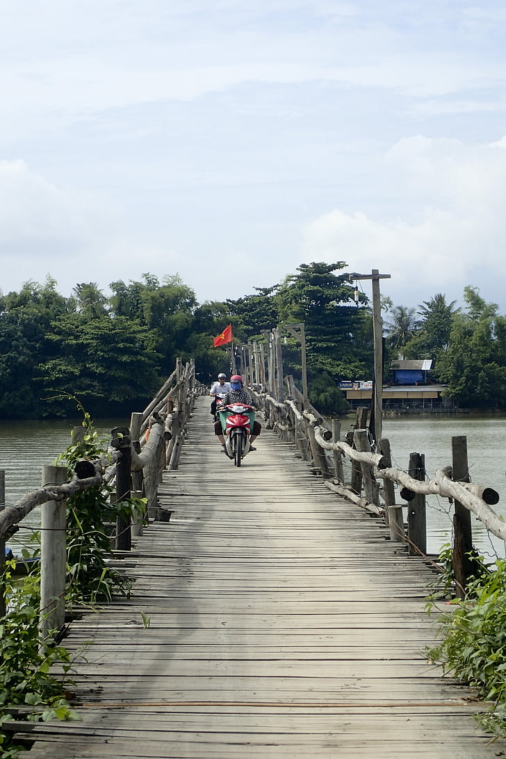 bridge, wood, wooden bridge, scaffolding, viet nam, construction, tourists