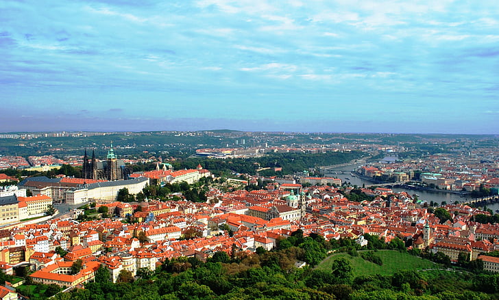 prague, view, castle, vltava, panorama, city, czech republic
