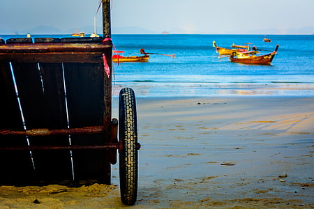 handlevogn, hjul, sand, stranden, blå, g0lden gul, hav