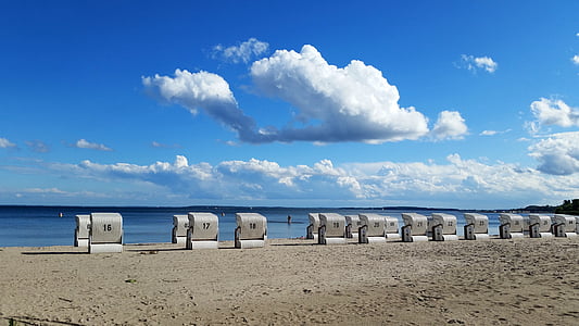 beach, klink, sky, clouds, beach chair, water, sea