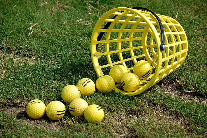 golf balls, basket, practice, driving range, ball, golf, grass