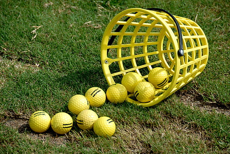 golf balls, basket, practice, driving range, ball, golf, grass