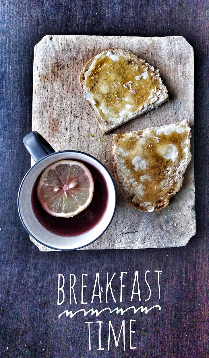 πρωινό, τσάι, μέλι, λεμόνι, ξύλο, ψωμί, βούτυρο
