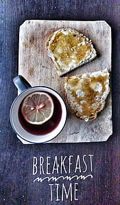 śniadanie, herbata, miód, cytryna, drewno, chleb, masło