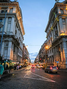 άτομα, το περπάτημα, δρόμος, σκυρόδεμα, κτίρια, Ανατολή ηλίου, Via Nazionale