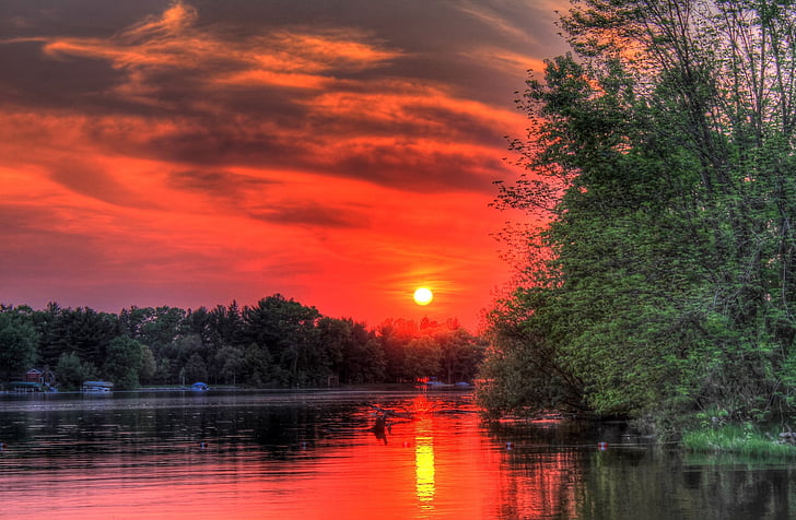 Západ slunce, reflexe, voda, jezero, krajina, Příroda, oranžová