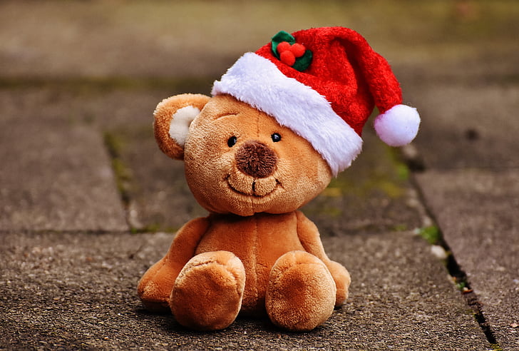 크리스마스, 테 디, 부드러운 장난감, 산타 모자, 재미, 어린 시절, 테 디 베어