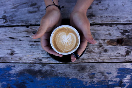 hands, coffee, cup, table, wooden, drink, hot